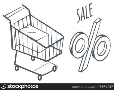 Sale and reductions at shop. Isolated monochrome sketch outline of shopping cart, trolley and percent. Buying and selling items, retail business. Proposal at market, reduced prices, vector in flat. Shopping Card and Percent, Sale Discounts at Shop