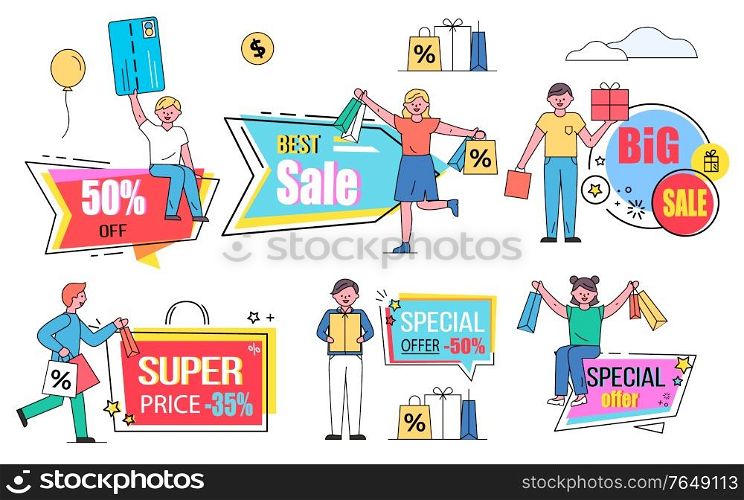 Sale and super discounts vector, isolated set of banners with proposals and shoppers. Shopping characters with bags and presents. Clients of shops and stores with credit cards and giftboxes flat style. Sale and Big Discounts from Shops and Stores Set