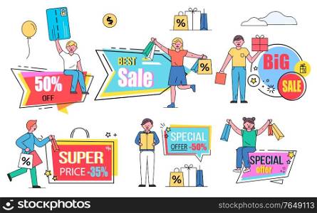 Sale and super discounts vector, isolated set of banners with proposals and shoppers. Shopping characters with bags and presents. Clients of shops and stores with credit cards and giftboxes flat style. Sale and Big Discounts from Shops and Stores Set