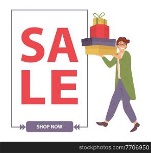 Sale announcement. Man is standing with colorful boxes in his hands. Young handsome fashion shopper guy isolated on white background. Male character in store buying christmas presents for the holiday. Sale announcement. The man buys gifts for the holiday. Guy with colorful boxes in his hands