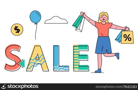 Sale at shops vector, female character happy of discounts and propositions from shops. Balloon in sky, dollar price tag and percent on bag. Woman with purchases shopping using coupons and offers. Sale Special Discounts and Proposals Banner Vector