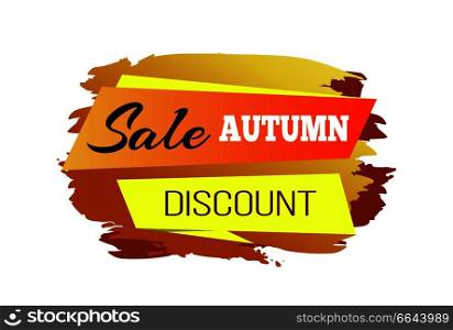 Sale autumn discount, poster depicting orange and yellow stripes with text on them, sticker represented on vector illustration isolated on white. Sale Autumn Discount Poster Vector Illustration