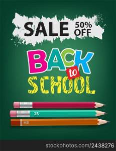 Sale, back to school, fifty percent off lettering with pencils. Offer or sale advertising design. Typed text, calligraphy. For leaflets, brochures, invitations, posters or banners.