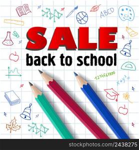 Sale, back to school lettering, pencils and hand drawings. Offer or sale advertising design. Typed text, calligraphy. For leaflets, brochures, invitations, posters or banners.