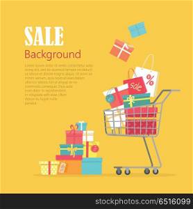 Sale Background. Cart with Gift Boxes, Paper Bags. Sale background. Cart with gift boxes, paper bags, presents. Winter, summer, autumn, spring sale concept. Trolley full of things bought on discount. Hand cart truck with presents. Vector in flat style