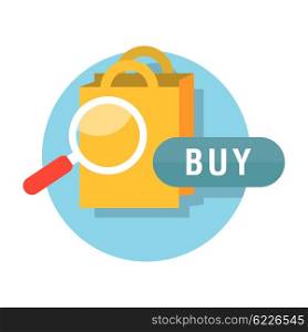Sale badge buy now concept design. Badge buy now, sale tag, banner retail, icon label, store and shop purchase, marketing message and market commerce vector illustration. Magnifying glass shopping bag
