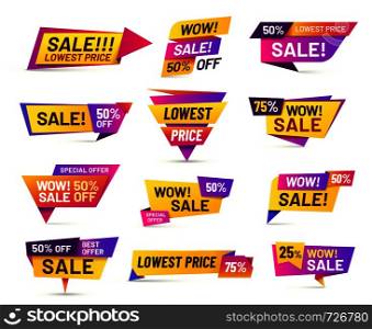 Sale badges. Discount price tag sticker, vivid advertising offer and sales wow badge. Offers promo label, retail promotion poster or shopping banner coupon. Isolated vector icons set. Sale badges. Discount price tag sticker, vivid advertising offer and sales wow badge isolated vector set