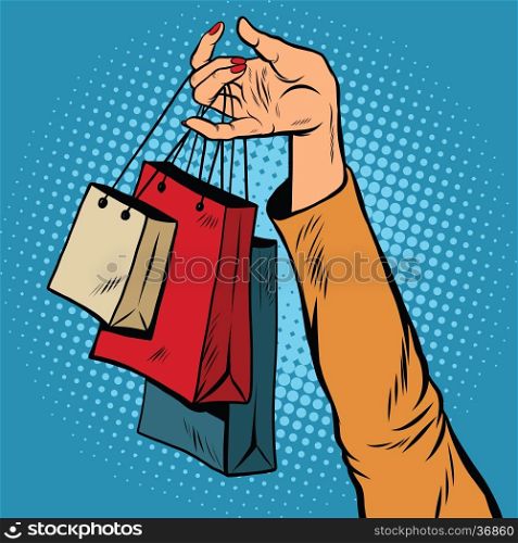 Sale, bags packages in the hands of women, pop art retro vector. Black Friday and holiday sales. A customer in the store