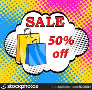 Sale, bags packages, pop art retro vector. Black Friday and holiday sales. A customer in the store