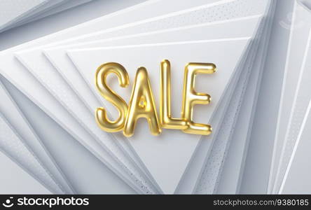 Sale banner design. Vector 3d illustration of promotional ad poster. Abstract modern background. Geometric layered shapes and golden sign. White paper decoration. Discount offer.. Sale banner design.