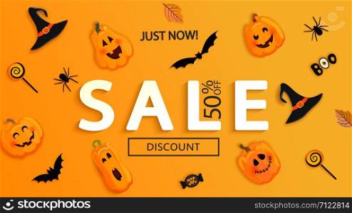 Sale banner for Halloween. Discount poster with holiday symbols hat, pumpkins characters, bat and candy. Invitations for clearance, just now shopping.Template for web, print,offers, promotions.Vector.. Sale banner for Halloween.