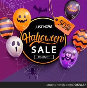 Sale Banner for Happy Halloween holiday with lettering on geometric background with monster balloons.Discount card for web,poster,flyers,ad,promotions,blogs,social media,marketing.Vector illustration.. Sale and discount Banner for Halloween.