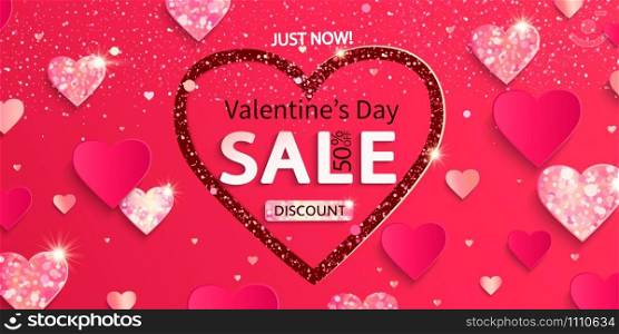 Sale banner for Valentine&rsquo;s day. Just now 50 percent discounts.Poster with glitters and shiny hearts on pink abstract background,shimer, ornaments.Template for flyer, invitation for february 14.Vector. Sale banner for Valentine day with papercut heart.