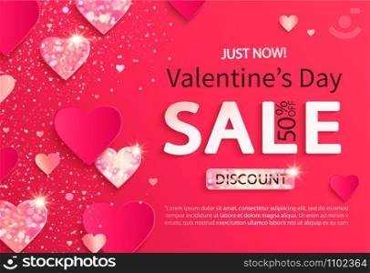 Sale banner for Valentine&rsquo;s day. Just now discounts.Poster with glitters and shiny hearts on pink abstract background, shimer, ornaments.Template for flyer, invitation for february 14.Vector. Sale banner for Valentine&rsquo;s day. Just now discounts.