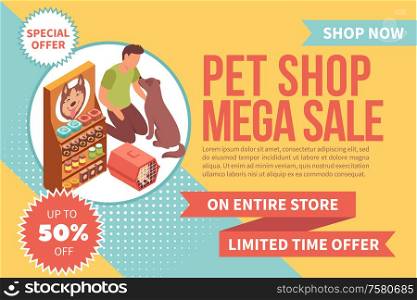 Sale banner pet shop isometric background with man feeding dog near dog food rack with text vector illustration