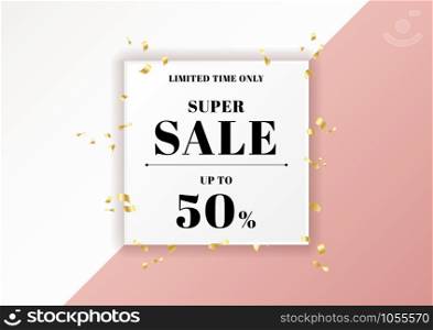 Sale banner pink background and gold ribbon elements with white square frame space for your text. Vector illustration