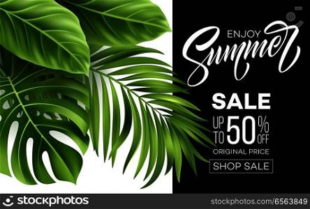 Sale banner, poster with palm leaves, jungle leaf and handwriting lettering. Floral tropical summer background. Vector illustration EPS10. Sale banner, poster with palm leaves, jungle leaf and handwriting lettering. Floral tropical summer background. Vector illustration