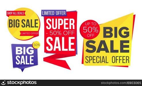 Sale Banner Set Vector. Discount Tag, Special Offer Banner. Discount And Promotion. Half Price Colorful Stickers. Isolated Illustration. Sale Banner Set Vector. Website Stickers, Color Web Page Design. Up To 50 Percent Off Badges. Isolated Illustration