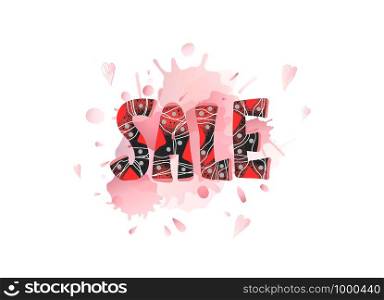 Sale banner template. Vector handwritten lettering with hearts promotion design elements. Color concept illustration. Text with love symbol isolated on white background.
