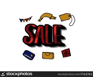 Sale banner template. Vector handwritten lettering with promotion design elements isolated on white background.