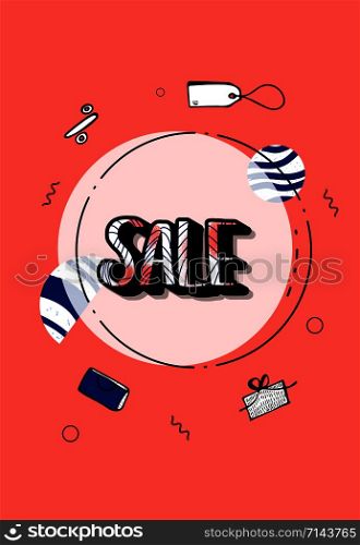 Sale banner template. Vector handwritten lettering with round badge and promotion design elements.