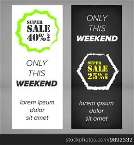 Sale banner template with discount tag and black and white backgrounds. Sale banner template