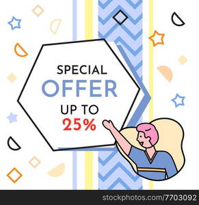 Sale banner with a man standing near advertising poster with lettering special offer up to 25 . Smiling guy shows his hand to the broadsheet, discount shopping time, new season sale. Discount poster. Sale banner with a smiling man standing near advertising poster with lettering special offer