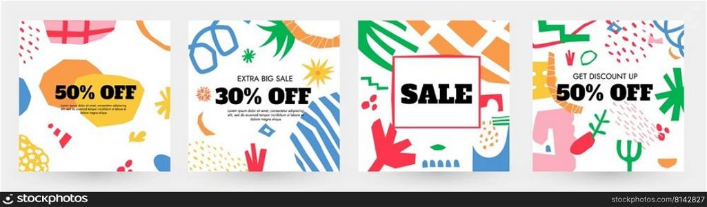 Sale banner with organic shapes. Discount labels with abstract chaotic nature figures, special doodle offer stickers. Vector promotion floral graphic layout set. Extra big sale for retail shops. Sale banner with organic shapes. Discount labels with abstract chaotic nature figures, special doodle offer stickers. Vector promotion floral graphic layout set