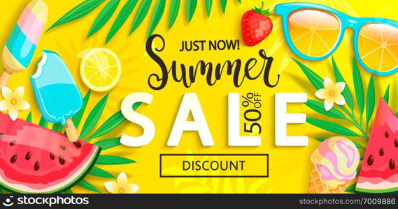 Sale banner with symbols for summer time such as ice cream,watermelon, strawberries,sunglasses,lemon.Vector illustration of discount template card, wallpaper,flyer, invitation, poster,brochure,voucher. Sale banner with symbols for summer time.