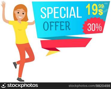 Sale banner with woman dancing near advertising poster. Shopping time promotional style. Lady rejoices in discounts and exclusive offer in store. Female character in dance to sale advertisement. Sale banner with woman dancing near advertising poster. Lady rejoices in exclusive offer in store