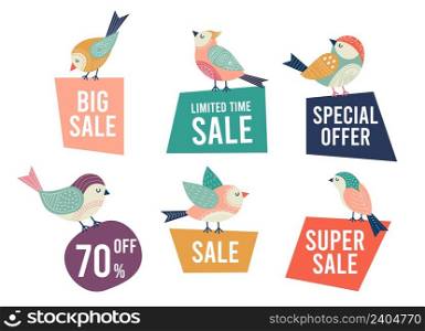 Sale banners and doodle birds. Bird holding discount cards, ethnic boho decorations for seasonal special offers vector set. Illustration of sale banner, bird discount poster. Sale banners and doodle birds. Bird holding discount cards, ethnic boho decorations for seasonal special offers vector set