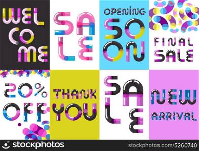 Sale Banners Font Set Poster. Sale advertisement 8 creative banners with calling attention conspicuous text font and colorful background isolated vector illustration