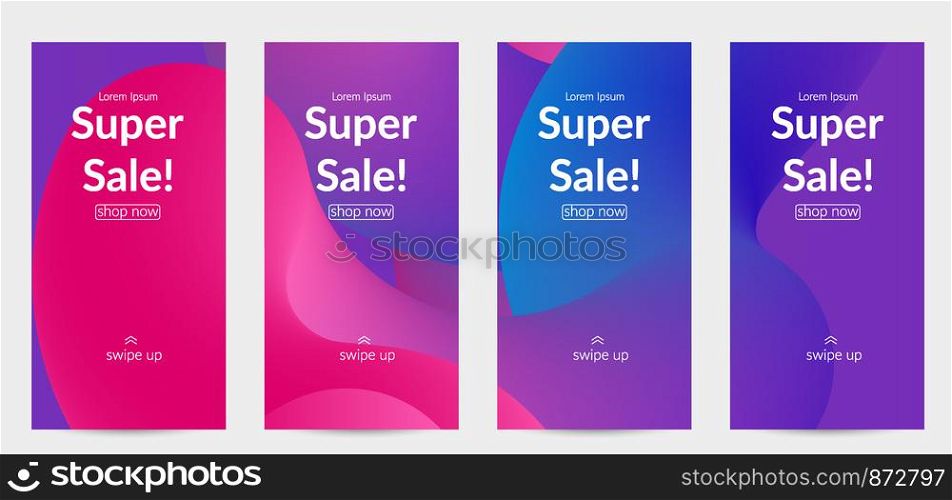 Sale banners for social media stories, web page and other promotion for mobile phone. Bright colored gradient sale advertisement template with fluid liquid shape.