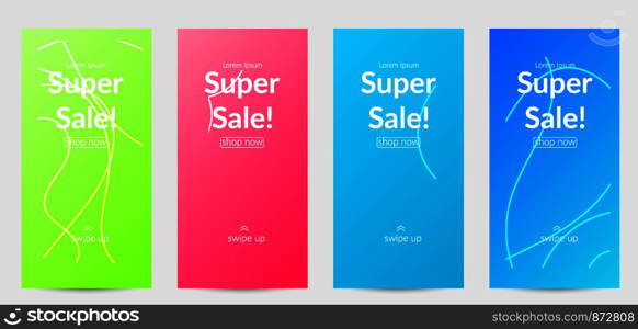 Sale banners for social media stories, web page and other promotion for mobile phone. Bright colored gradient sale advertisement template with wavy lines.