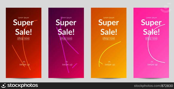 Sale banners for social media stories, web page and other promotion for mobile phone. Bright colored gradient sale advertisement template with wavy lines.