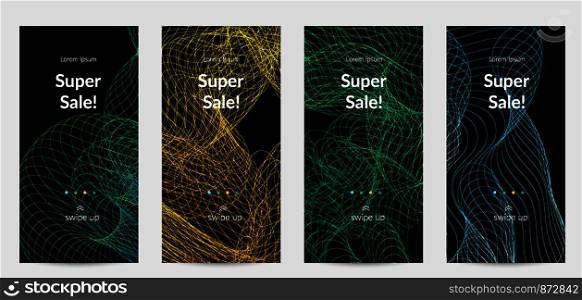 Sale banners for social media stories, web page and other promotion for mobile phone. Vector abstract dynamic gradient waves, curvy line on black backgrounds.