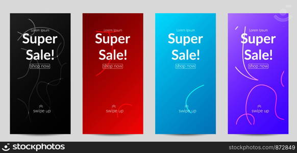 Sale banners for social media stories, web page and other promotion for mobile phone. Bright colored gradient sale advertisement template with wavy lines.