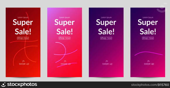 Sale banners for social media stories, web page and other promotion for mobile phone. Bright colored gradient sale advertisement template with wavy lines.