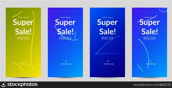 Sale banners for social media stories, web page and other promotion for mobile phone. Bright colored gradient sale advertisement template with wavy lines.
