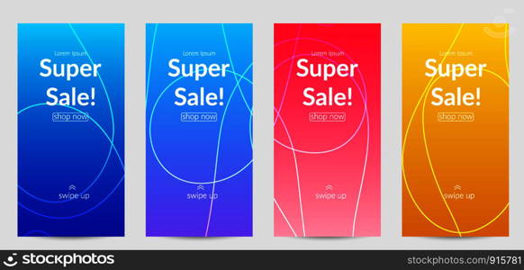 Sale banners for social media stories, web page and other promotion for mobile phone. Bright colored gradient sale advertisement template with wavy lines.