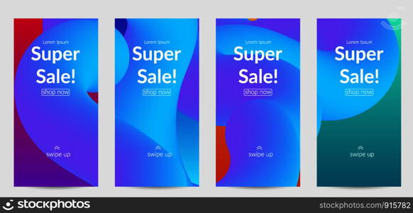 Sale banners for social media stories, web page and other promotion for mobile phone. Bright colored gradient sale advertisement template with fluid liquid shape.