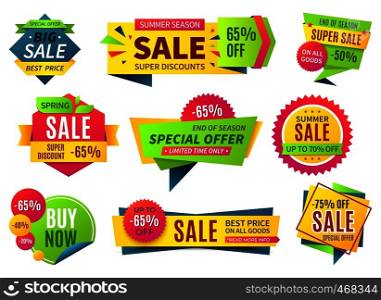 Sale banners. Price stickers collection, ribbons square and round shape badges and labels, discount coupons. Vector special designed percent offer set. Sale banners. Price stickers collection, ribbons square and round shape badges and labels, discount coupons. Vector special offer set