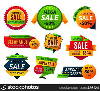 Sale banners. Price tag promotion stickers labels and coupons, sale ribbon shape offer badge. Vector discount best promotions banner graphic set. Sale banners. Price tag promotion stickers labels and coupons, sale ribbon shape offer badge. Vector discount banner graphic set