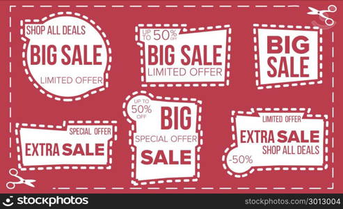 Sale Banners Set Vector. Scissor Cut Border. Discount Badge. Shopping Backgrounds. Flat Isolated Illustration. Sale Banners Set Vector. Craft Blade. Cutout Template. Discount Badge. Advertising Element. Flat Isolated Illustration