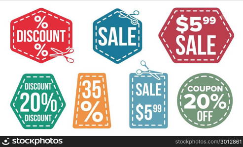 Sale Banners Set Vector. Scissor Line. Discount Coupon. Discount Tag. Cut Crop Border. Flat Isolated Illustration. Sale Banners Set Vector. Scissor Cut Border. Discount Badge. Shopping Backgrounds. Flat Isolated Illustration