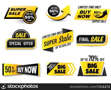 Sale banners. Special offer banner, low price tags and super sale badges. Shopping sales offer sticker, promotion flyer coupon or retail promotional label. Isolated vector icons set. Sale banners. Special offer banner, low price tags and super sale badges vector set