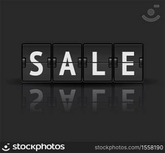 Sale. Black flip clock, analog scoreboard on dark background. Vecot illustration of flip countdown calendar to promote the sales.. Sale analog flip clock