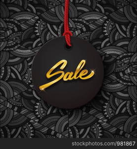 Sale black tag with gold text, round banner, advertising, black friday, vector illustration