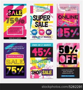 Sale Bright Posters Set. Set of bright posters with online sale and discounts on textured colorful backgrounds isolated vector illustration
