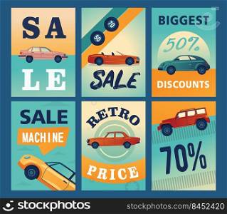 Sale brochure designs with different cars. Modern automobiles on colorful background. Transport and transportation concept. Template for promotional leaflet or flyer